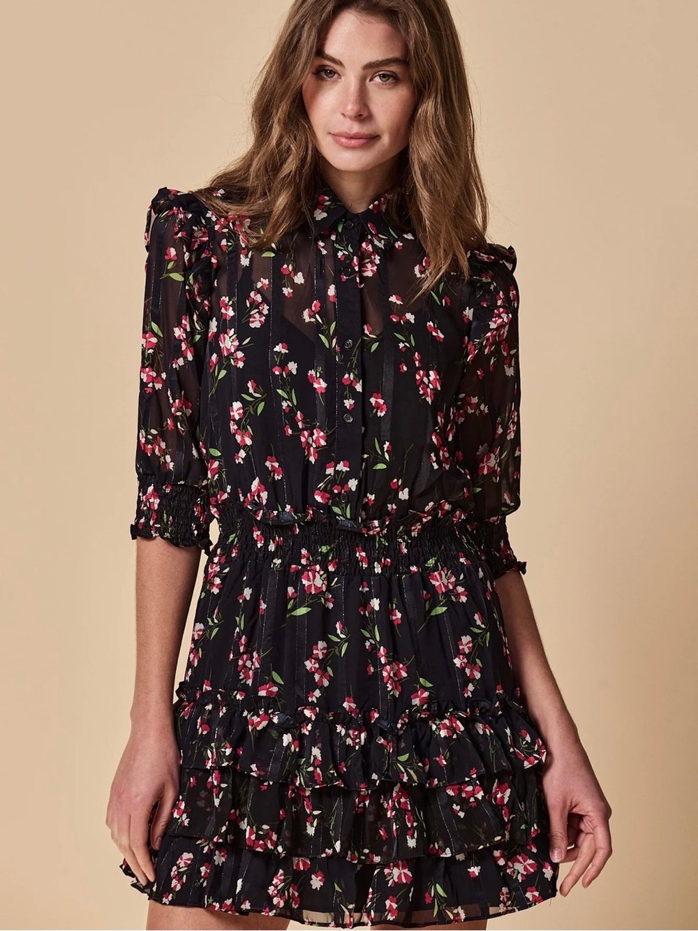 The Shirt Floral Ruffle Tiered Mini Dress - Black with Pink Blossoms